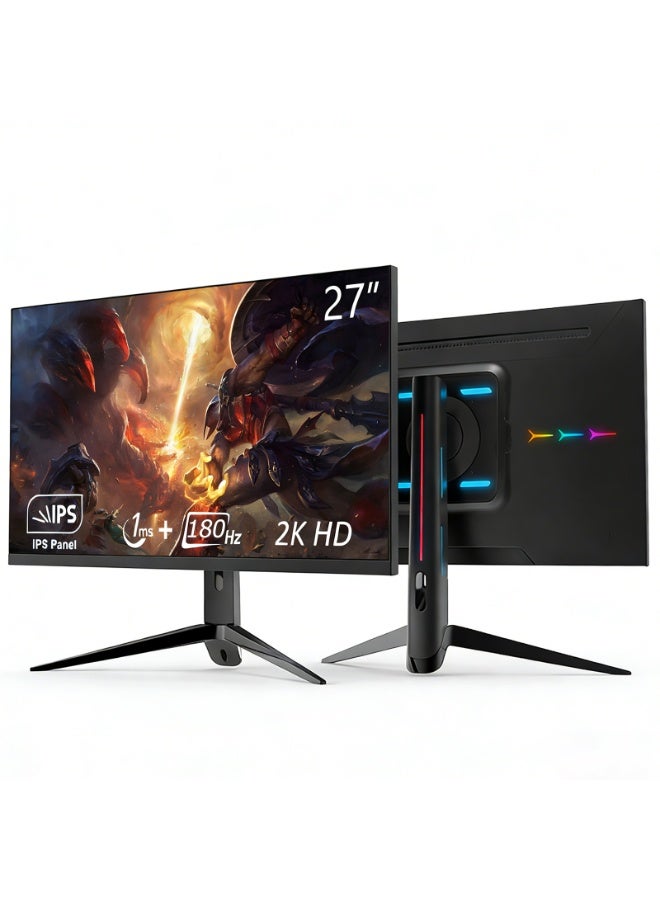 شاشة ألعاب مقاس 27 بوصة بدقة QHD 2560×1440، معدل تحديث 180 هرتز، شاشة IPS سريعة الاستجابة (1 مللي ثانية)، حامل قابل لتعديل الارتفاع والدوران 180 درجة، شاشة ألعاب إلكترونية بإضاءة خلفية RGB مع مكبرات صوت مدمجة، تقنية الضوء الأزرق المنخفض وخالية من الوميض، تدعم تقنية AMD FreeSync، منافذ HDMI وDP، شاشة كمبيوتر للألعاب والاستخدام المكتبي - Image 1