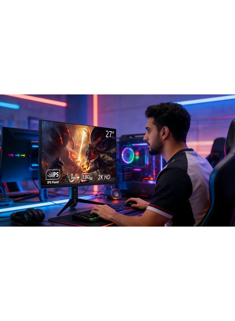 شاشة ألعاب مقاس 27 بوصة بدقة QHD 2560×1440، معدل تحديث 180 هرتز، شاشة IPS سريعة الاستجابة (1 مللي ثانية)، حامل قابل لتعديل الارتفاع والدوران 180 درجة، شاشة ألعاب إلكترونية بإضاءة خلفية RGB مع مكبرات صوت مدمجة، تقنية الضوء الأزرق المنخفض وخالية من الوميض، تدعم تقنية AMD FreeSync، منافذ HDMI وDP، شاشة كمبيوتر للألعاب والاستخدام المكتبي - Image 2