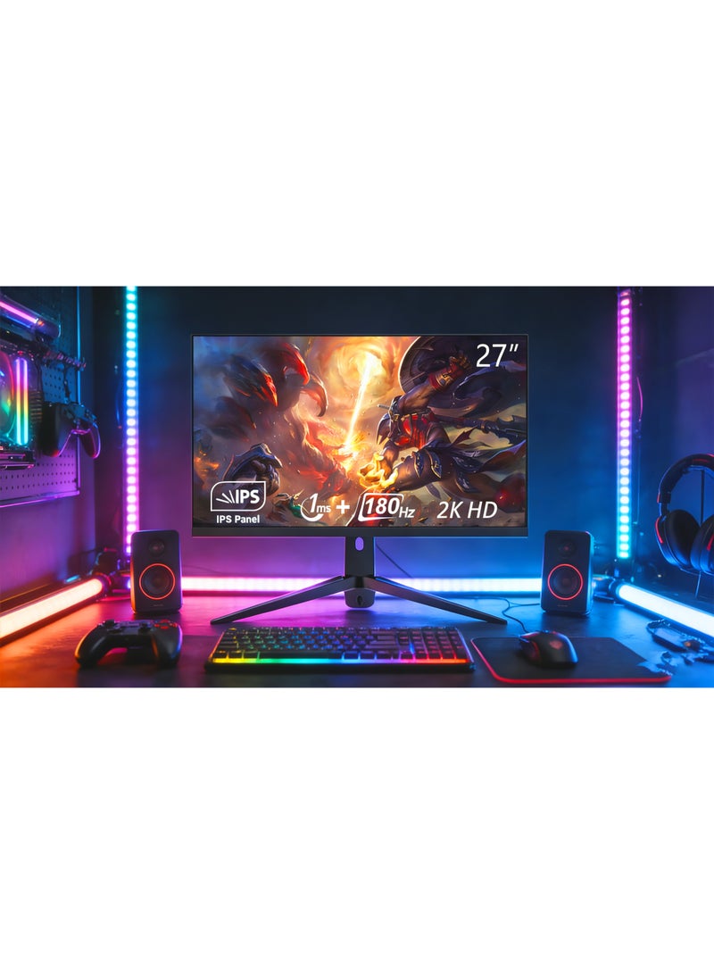 شاشة ألعاب مقاس 27 بوصة بدقة QHD 2560×1440، معدل تحديث 180 هرتز، شاشة IPS سريعة الاستجابة (1 مللي ثانية)، حامل قابل لتعديل الارتفاع والدوران 180 درجة، شاشة ألعاب إلكترونية بإضاءة خلفية RGB مع مكبرات صوت مدمجة، تقنية الضوء الأزرق المنخفض وخالية من الوميض، تدعم تقنية AMD FreeSync، منافذ HDMI وDP، شاشة كمبيوتر للألعاب والاستخدام المكتبي - Image 5
