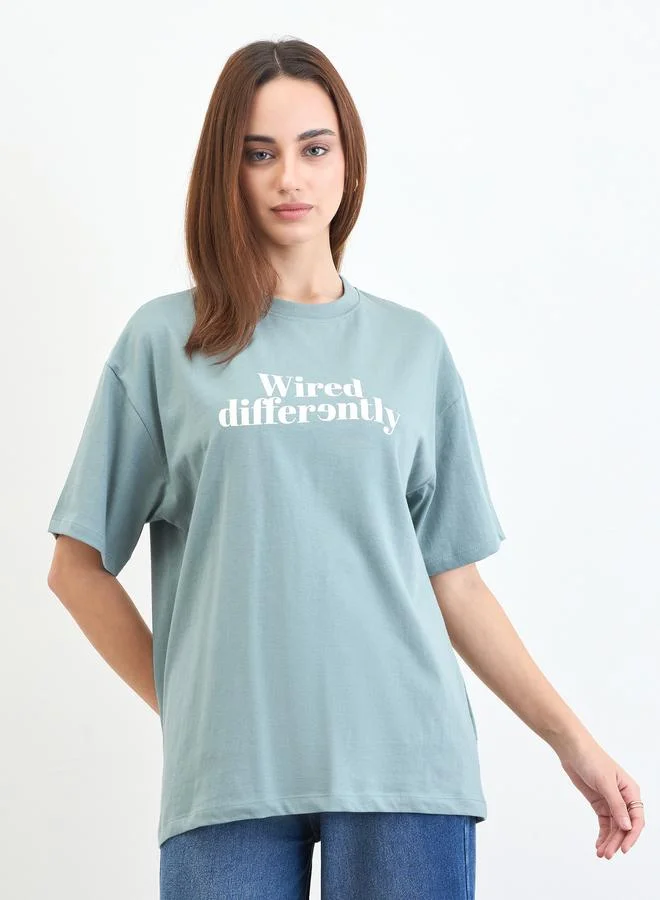 Styli Green Slogan Print Oversized T-Shirt