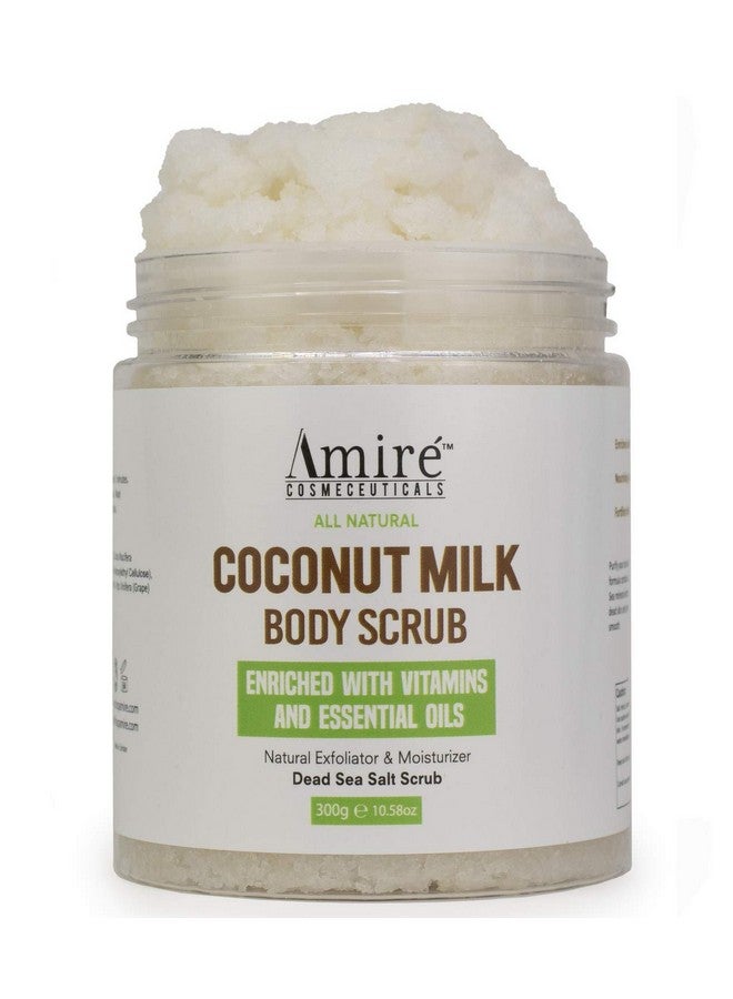 امير مقشر حليب جوز الهند من أميري للجسم والوجه، مقشر ومرطب بملح البحر الميت النقي 100% لعلاج السيلوليت وعلامات التمدد وحب الشباب والدوالي مع فيتامين هـ وزبدة الشيا وزيت الأرغان، 300 غرام - Image 1
