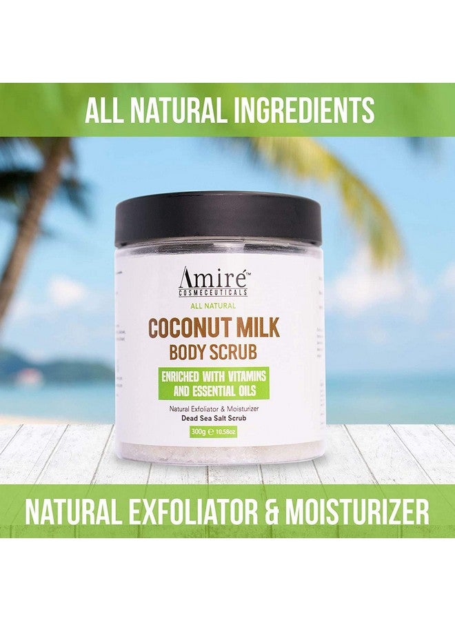 امير مقشر حليب جوز الهند من أميري للجسم والوجه، مقشر ومرطب بملح البحر الميت النقي 100% لعلاج السيلوليت وعلامات التمدد وحب الشباب والدوالي مع فيتامين هـ وزبدة الشيا وزيت الأرغان، 300 غرام - Image 2
