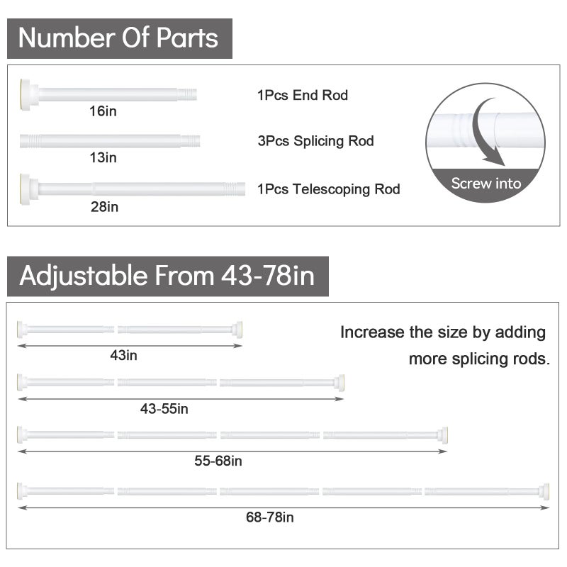 Thestoa White Shower Curtain Rod Adjustable 43-78 inch, 1"Diameter Spring Tension Curtain Rod No Drill, Anti-Rust Non-Slip Shower Rod, White Shower Rod for Bathroom Tension - Image 5