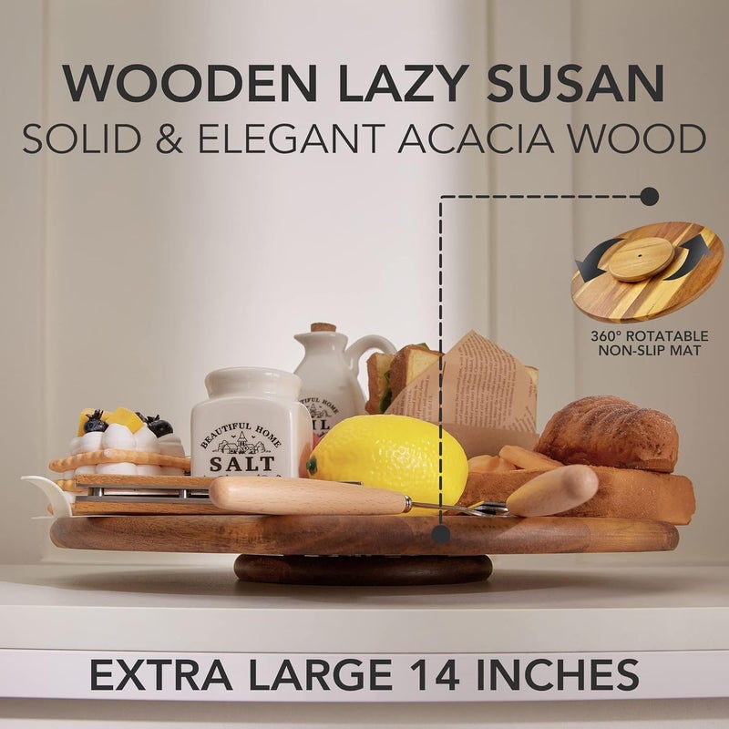 oridom Acacia Wood Lazy Susan, Wood Turntable Tray Cabinet Organizer,14" - Image 4
