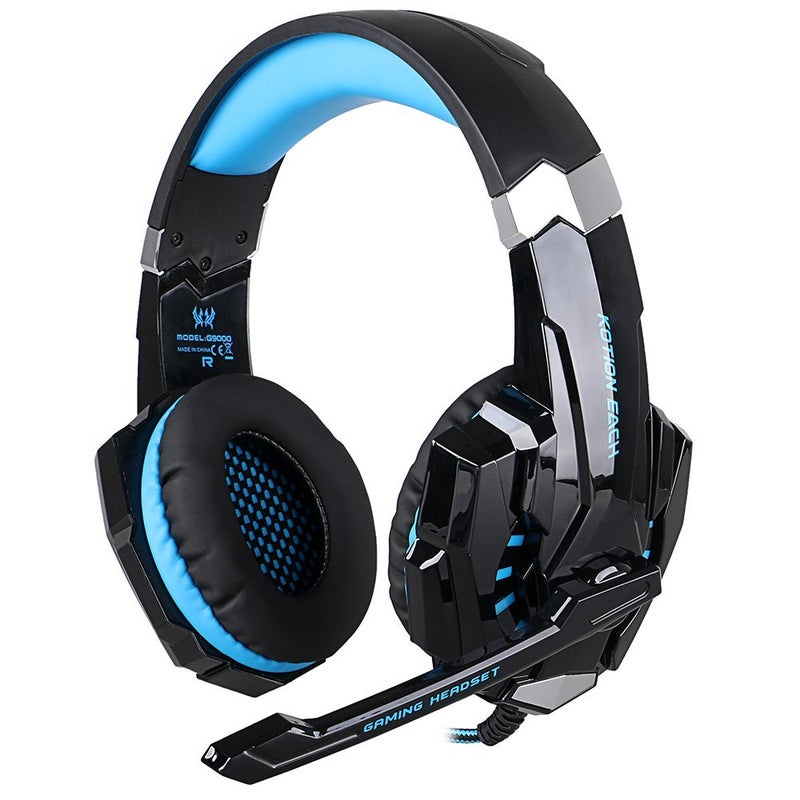 KOTION EACH G9000 3.5mm Over-Ear Headphones with Microphone and Volume Control Stereo Surround Sound LED Light Gaming Headset for PlayStation 4 Tablet PC Mobilephones (Black+Blue) - Image 1