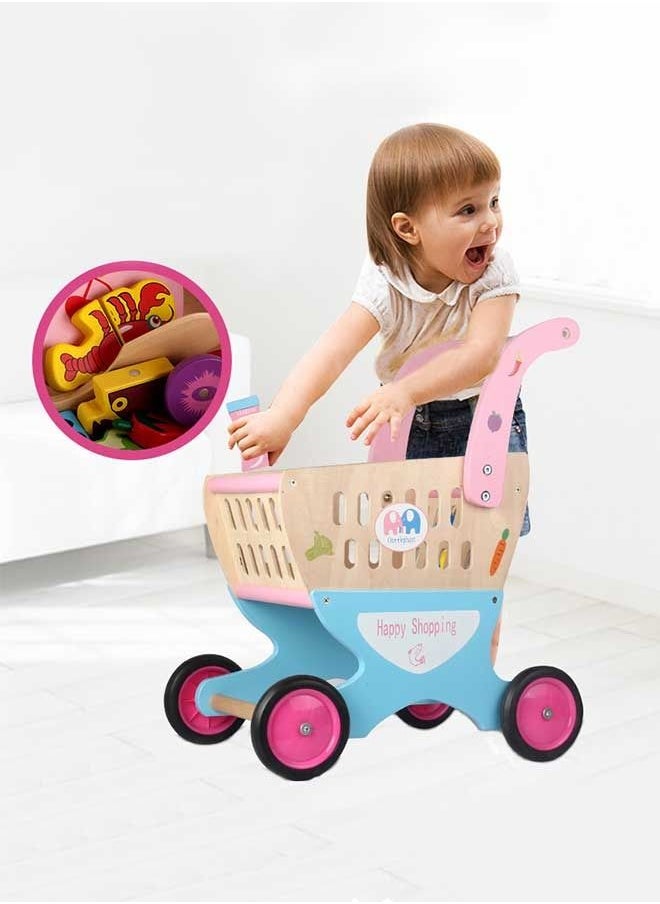 JSAITOYS - Toddler Wooden Shopping Cart Toy Pretend Play Trolley Kids Educational Toys - Image 1