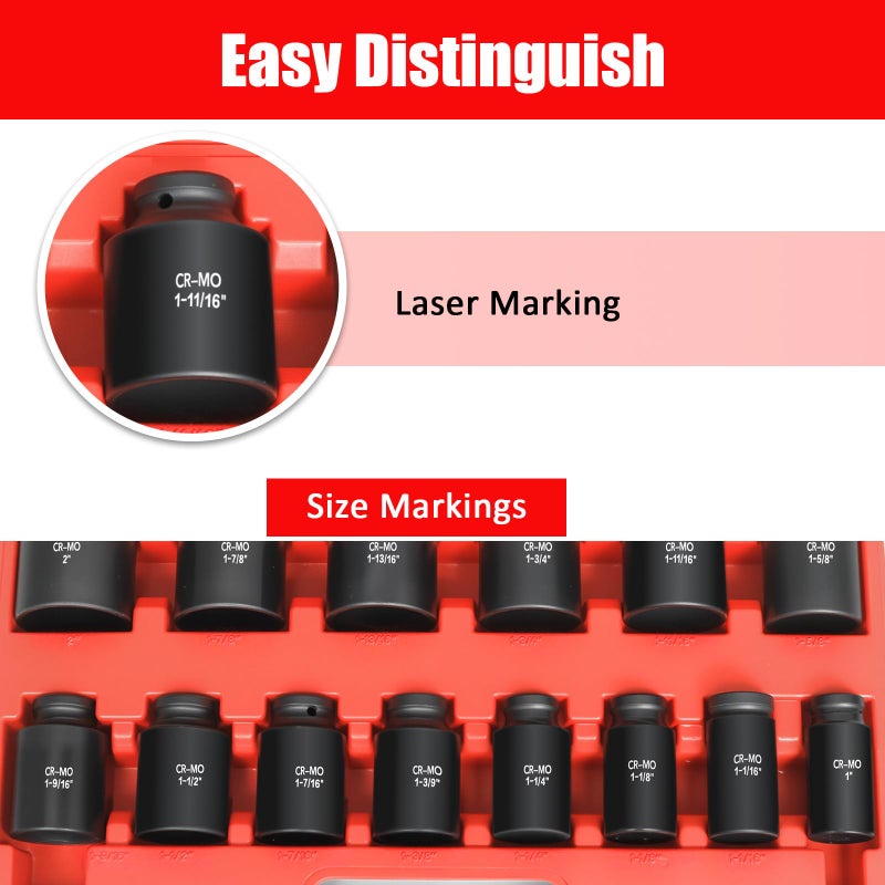 TONYNOL 3/4 Inch Drive Deep Impact Socket Set,6-Point,SAE Sizes(1â€œ-2â€),14 PCS,Cr-Mo Steel,Heavy Duty Impact Sockets for Automotive & Industrial Machinery,With a Storage Case - Image 5