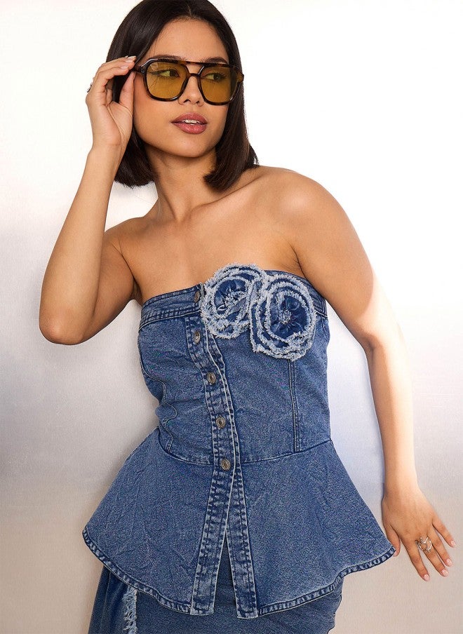 ساسافراس بلوزة جينز بدون أكتاف للنساء - Image 1