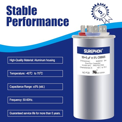 SUREPHON 50/5 Mfd Ac Capacitor 370V or 440V 50/60Hz CBB65B Air Conditioner Capacitors for AC Unit Fan Motor Start or Pool Pump or Air Condenser Straight Cool - Image 3