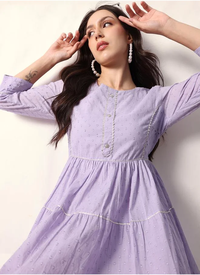 آي شين Women's Lavender Cotton Textured Mini Smock Regular Fit Dress