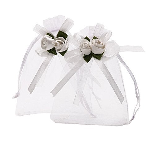 SumDirect Rose Organza Gift Bags 50Pcs 4x5 inch White Wedding Favor Gift Bags Jewelry Pouches with Drawstring for Party Wedding Christmas Valentine
