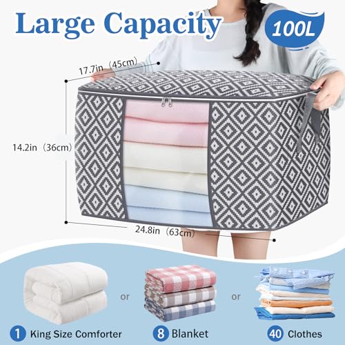 StorageTastic Direct 100L, 3 Pack, Storage Containers, Large Clothes Storage Bins Foldable Organization and Storage Bags with Reinforced Handle, Clear Window for Bedding, Blankets, Clothing, Grey - Image 2