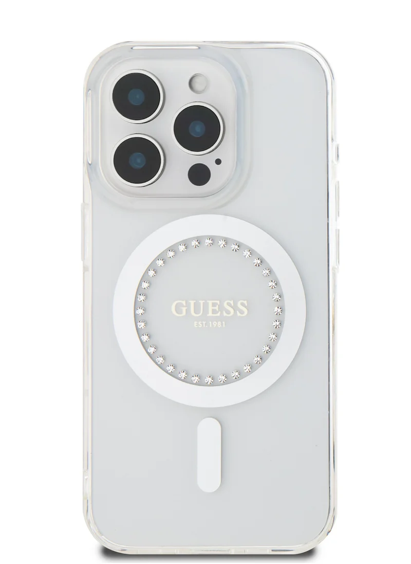 GUESS MagSafe IML Hard Case with Rhinestones Design for iPhone 16 Pro Max/ Easy Snap-On/ Drop Protection/ Slim Profile - White