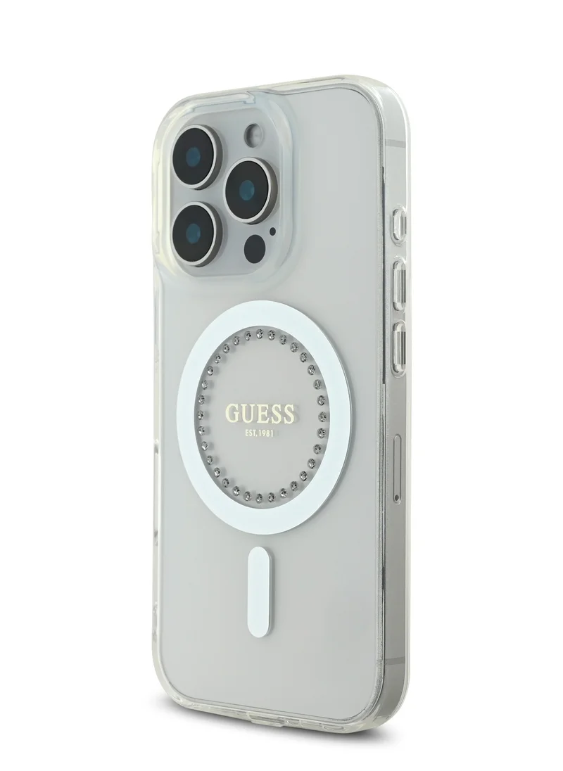 جس جراب MagSafe IML الصلب بتصميم مرصع بأحجار الراين لهاتف iPhone 16 Pro Max / سهل التركيب / حماية من السقوط / تصميم نحيف - أبيض