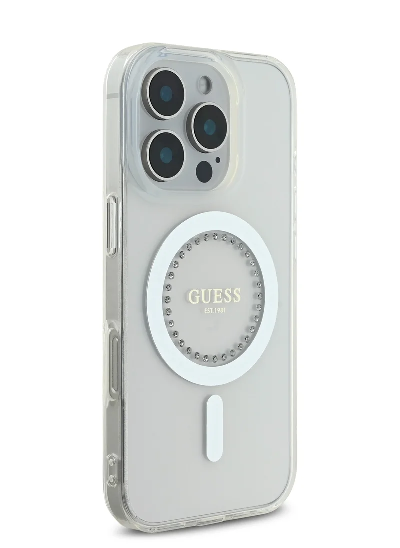 جس جراب MagSafe IML الصلب بتصميم مرصع بأحجار الراين لهاتف iPhone 16 Pro Max / سهل التركيب / حماية من السقوط / تصميم نحيف - أبيض