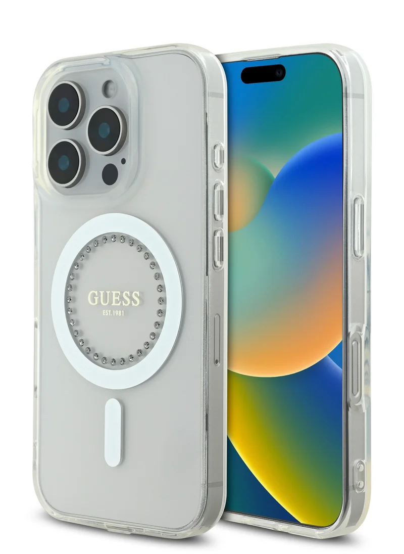 جس جراب MagSafe IML الصلب بتصميم مرصع بأحجار الراين لهاتف iPhone 16 Pro Max / سهل التركيب / حماية من السقوط / تصميم نحيف - أبيض