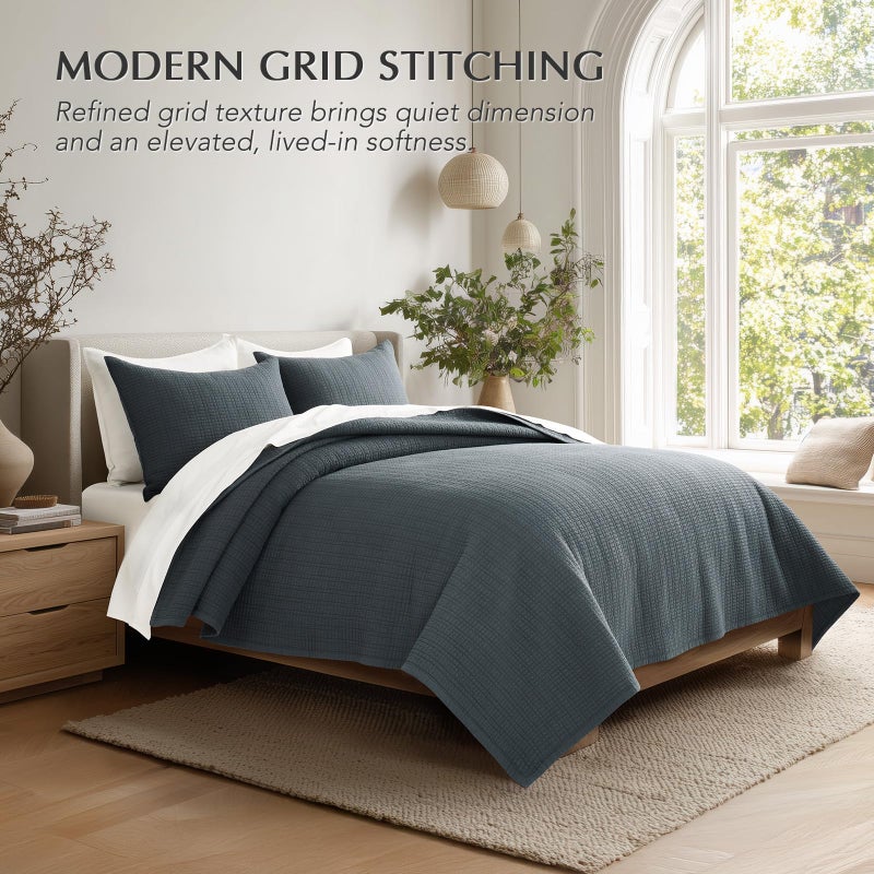 EverGrace 100% Cotton Quilt King Size, Pre-Washed Modern Grid Stitch Lightweight Bedspread Coverlet for All Season, Oversized 3-Piece Bedding Set with 2 Pillow Shams, Midnight Blue - Image 5