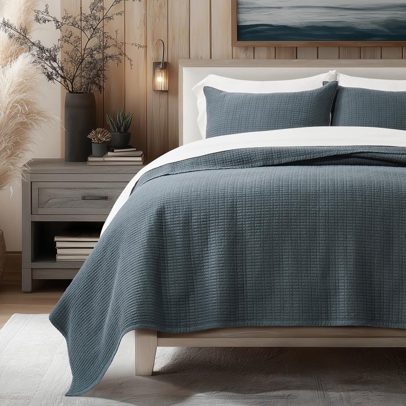 EverGrace 100% Cotton Quilt King Size, Pre-Washed Modern Grid Stitch Lightweight Bedspread Coverlet for All Season, Oversized 3-Piece Bedding Set with 2 Pillow Shams, Midnight Blue - Image 1