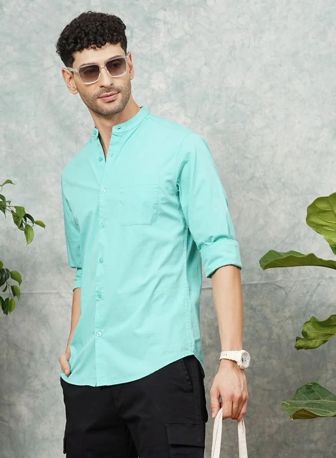 The Indian Garage Co Men Regular Fit Solid Full Sleeves Mandarin Collar Casual Shirt