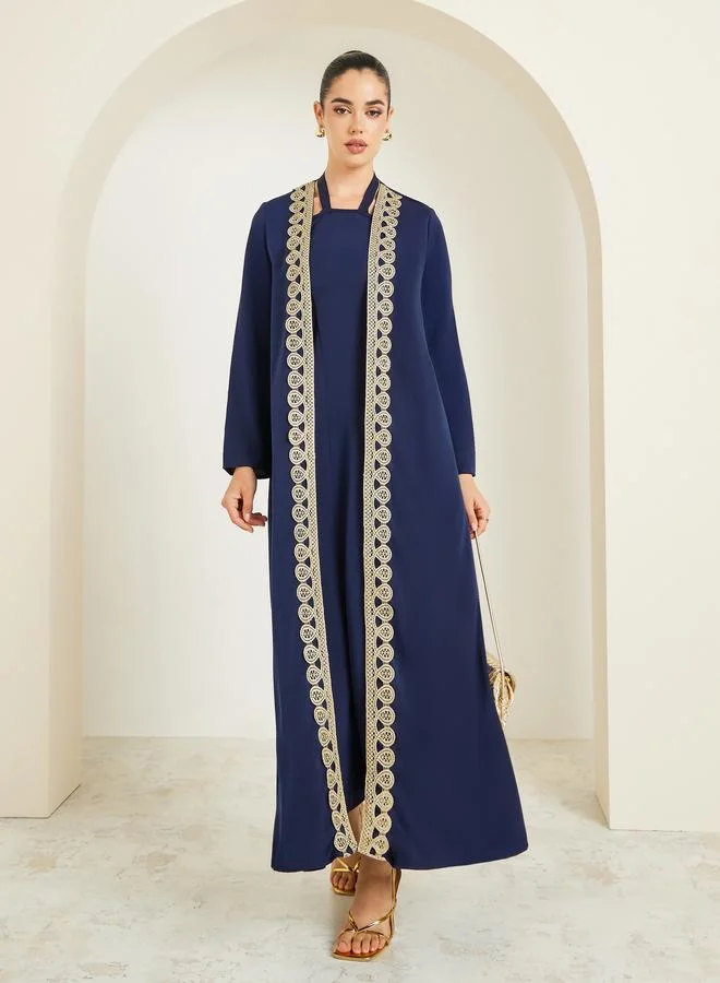 Women Navy Blue Embellished Abaya Set with Inner Dress