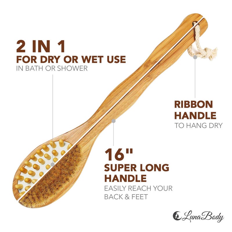 LU2000 Bamboo Body Brush for Back Scrub, Natural Boar Bristle Shower Brush Scrubber with Long Handle, Exfoliate Skin and Cellulite - Wet or Dry - Image 2