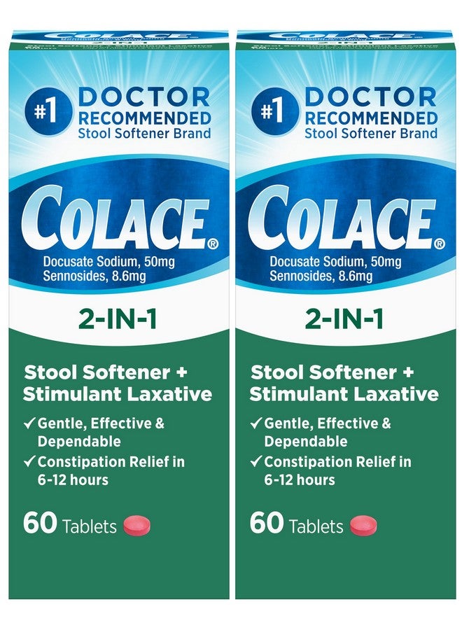 Colace 2-in-1 Stool Softener Plus Stimulant Laxative for Gentle Effective Constipation Relief, Docusate Sodium Plus Sennosides, 60 Count (Pack of 2) - Image 1
