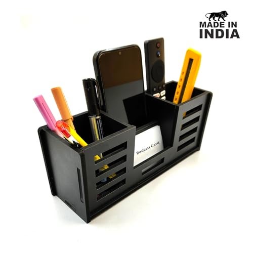 Woodkey Desk Organizer Pen stand With Visiting Card And Mobile Holder|Multipurpose Wooden Pen And Pencil Holder Stand For Office&Study Table, Desk Supplies Organisers 4 in 1 (Black) - Image 3