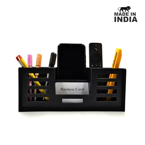 Woodkey Desk Organizer Pen stand With Visiting Card And Mobile Holder|Multipurpose Wooden Pen And Pencil Holder Stand For Office&Study Table, Desk Supplies Organisers 4 in 1 (Black) - Image 2