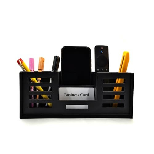 Woodkey Desk Organizer Pen stand With Visiting Card And Mobile Holder|Multipurpose Wooden Pen And Pencil Holder Stand For Office&Study Table, Desk Supplies Organisers 4 in 1 (Black) - Image 1