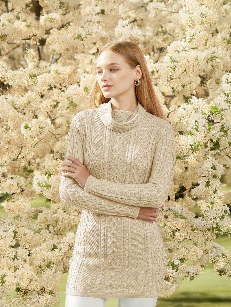 v28 Women Polo Neck Turtleneck Knit Stretchable Elasticity Long Slim Sweater (XL,Beige) - Image 3