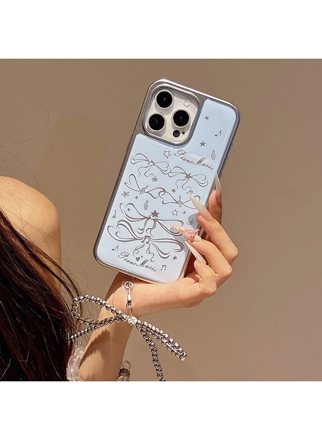 NIBEMINENT Young Girl Blue Bow Protective TPU Case Cover For iPhone 14, Joyful Musical Notes Bow Tie / With Pendant - Image 1