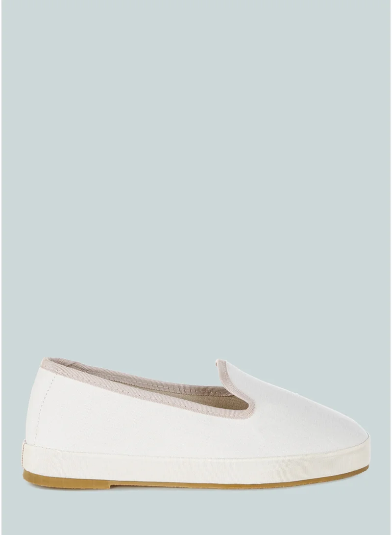 Round Toe Canvas Slip-On Loafers in Off White