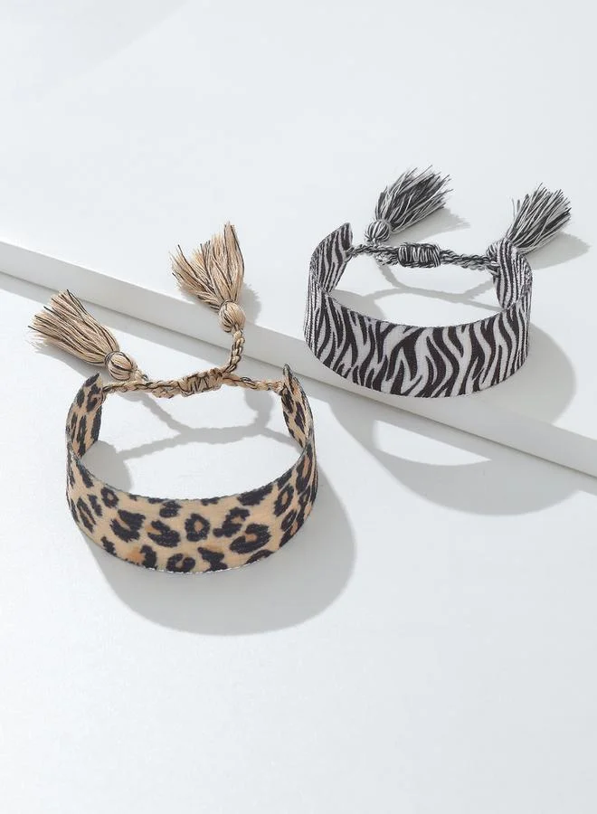 تايك تو Pack of 2 Leopard and Zebra Print Woven Bracelets with Tassel Details