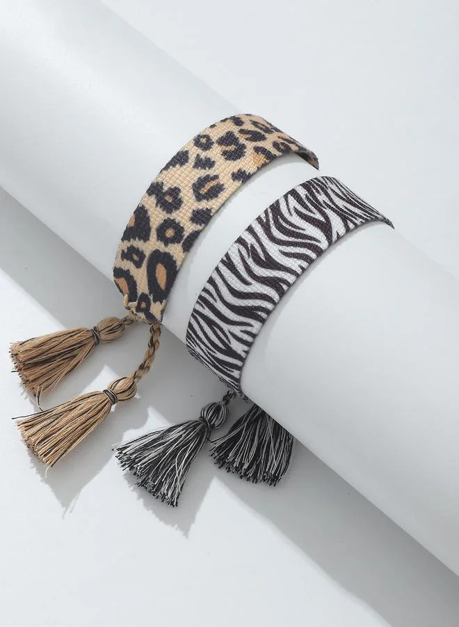 تايك تو Pack of 2 Leopard and Zebra Print Woven Bracelets with Tassel Details