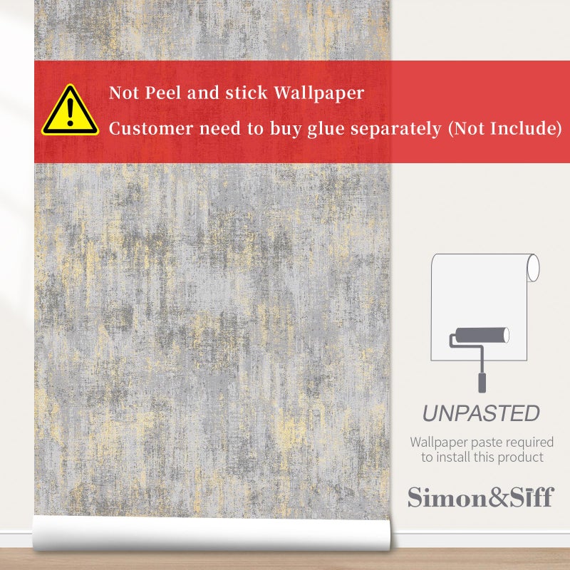 Simon&Siff ورق جدران سيمون وسيف المنقوش ورق جدران خرسانة متضررة 17.3 بوصة × 19.68 قدم أبيض/ذهبي/رمادي معدني حديث ورق جدران غير منسوج محايد لغرفة النوم ورق جدران تقليدي يحتاج إلى لاصق - Image 2