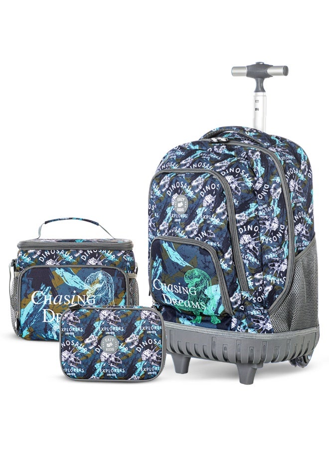 Eazy Kids حقيبة ظهر بعجلات للأطفال Eazy Kids 18" مجموعة من 3 مع حقيبة غداء وحافظة أقلام - تي ريكس - Image 1