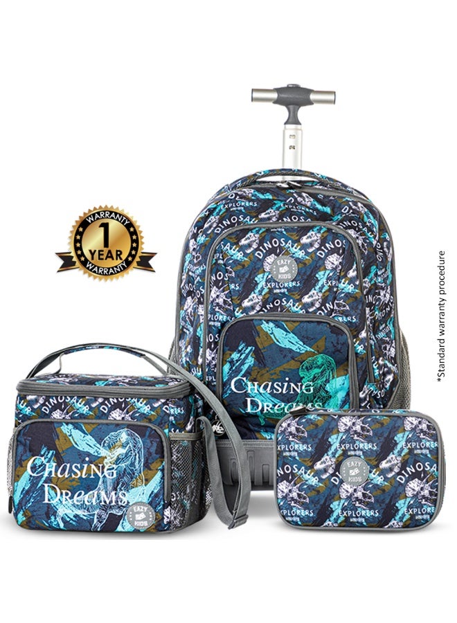 Eazy Kids حقيبة ظهر بعجلات للأطفال Eazy Kids 18" مجموعة من 3 مع حقيبة غداء وحافظة أقلام - تي ريكس - Image 2