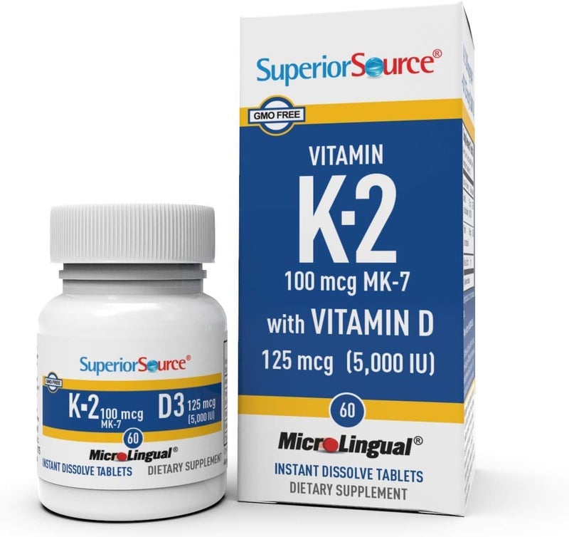 Superior Source Vitamin K2 100 mcg with Vitamin D3 125 mcg Bone Strength Support Supplement Aids Healthy Joints Immune System Health Support 60 Sublingual Dissolving Tablets