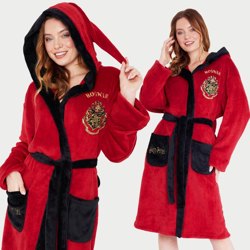 Harry Potter Womens Fleece Robe with Hood, Pockets, Tie Waist - Gifts for Her (Red/Black, S) - Image 2