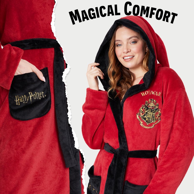 Harry Potter Womens Fleece Robe with Hood, Pockets, Tie Waist - Gifts for Her (Red/Black, S) - Image 3