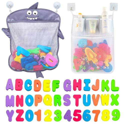 Comfylife Baby Bath Toy Organizer Shark 36 Bath Letters Numbers Extra Bath Toy Storage Net 10 Strong Hooks Great Bath Net for Kids Cute Bathtub Toy Organizer and BathShower Caddy Solution - Image 1