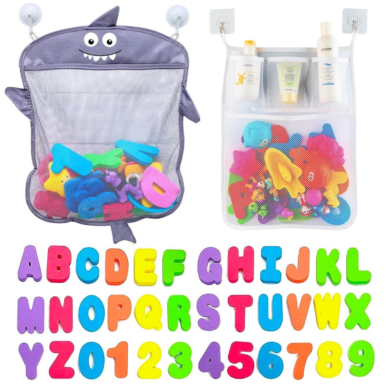 Comfylife Baby Bath Toy Organizer Shark 36 Bath Letters Numbers Extra Bath Toy Storage Net 10 Strong Hooks Great Bath Net for Kids Cute Bathtub Toy Organizer and BathShower Caddy Solution - Image 4