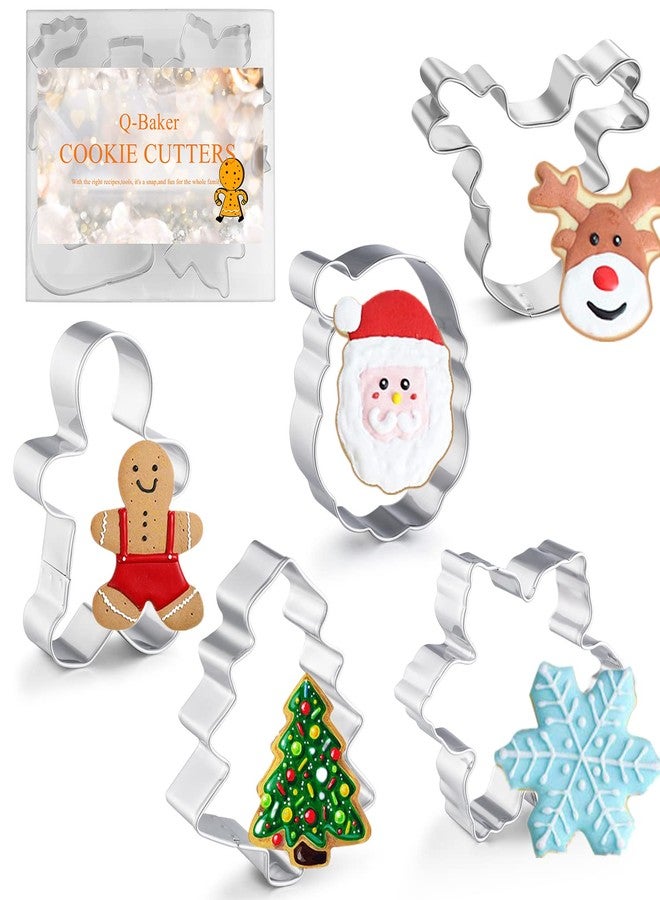 Q-BAKER Christmas Cookie Cutters, 5 Pieces Holiday Cookie Cutters Shape Gingerbread Men,Christmas Tree,Snowflake,Santa Face and Reindeer Face for Baking Decorative Party - Image 1