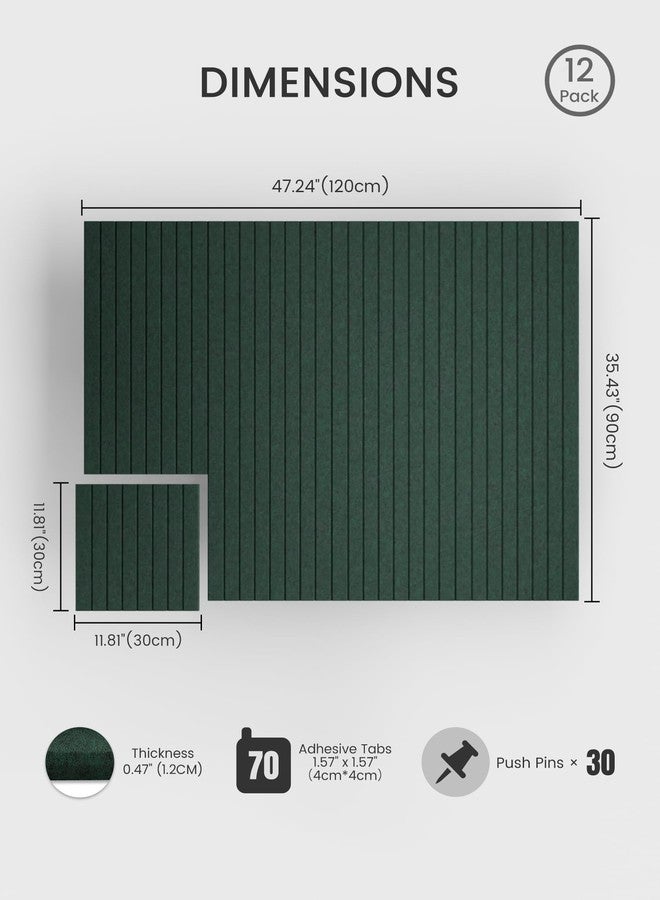 Bumusty Large Cork Board Alternative 48"x36" Felt Bulletin Board Tiles, with 30 Pushpins, 70 Adhesive Tabs, 12Pack Slat Wall Paneling, Cork Boards for Office Push Pin Board Felt Board-Pine Green - Image 2