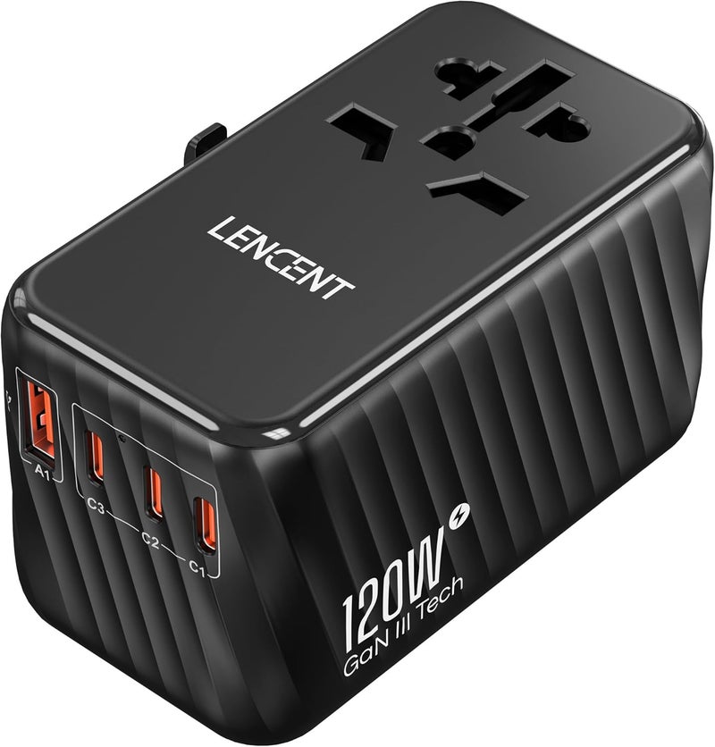 Foldable International Travel Adapter, 120W GaN Universal Fast Charger with 3 PD3.0 Type C+1 QC4.0 USB A, All in One Power Adaptor for iPhones,Laptops, Worldwide Plug Adapter for EU/USA/UK/AU, Black Flexible use switching - Image 1