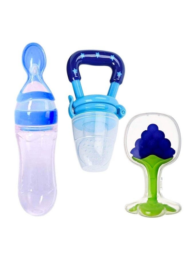 The Little Lookers Infant Baby Squeezy Food Grade Silicone Bottle Feeder & Fruit Shape Silicone Teether With Fruit Pacifier (Squeezy Feeder 'Blue' + Pacifier 'Blue' + Teether 'Grapes') (Pack Of 3)  - Image 1