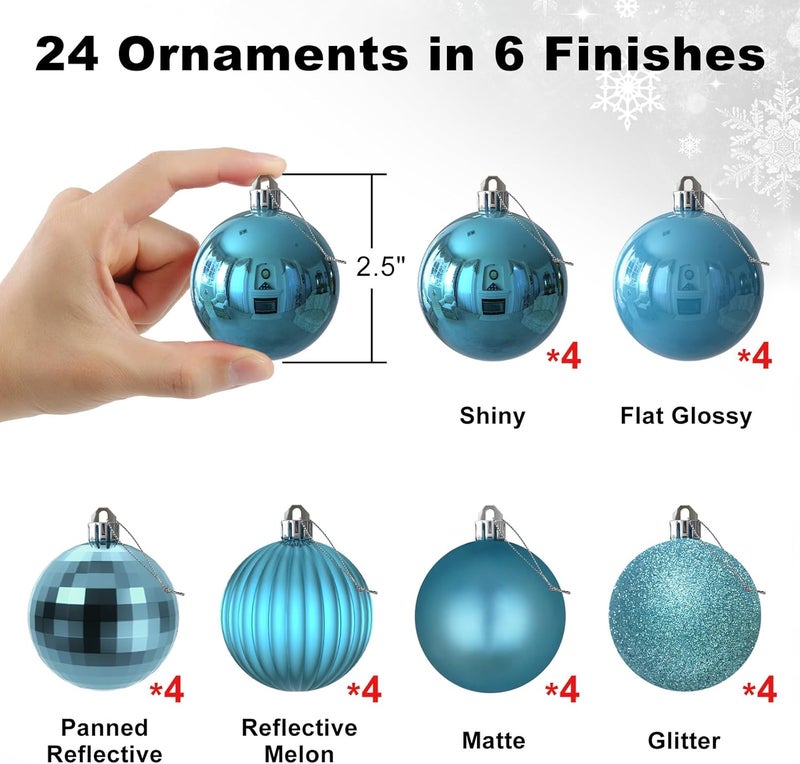 GameXcel Baby Blue 2.5" Christmas Balls Christmas Tree Decoration Ornaments Shatterproof Hanging Balls for Birthday Halloween Holiday Wedding Decorations Set of 24pcs - Image 2
