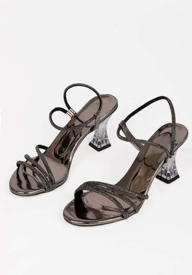Renkli Butik Colorful Boutique Women's Platinum Stone Detailed Transparent Heeled Evening Shoes