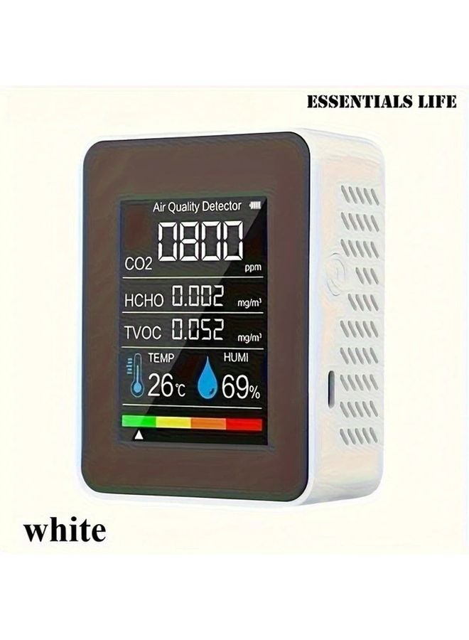 White 5 In 1 Air Quality Monitor For CO2 Temperature Humidity HCHO TVOC Indoor Home Office Car - Image 1