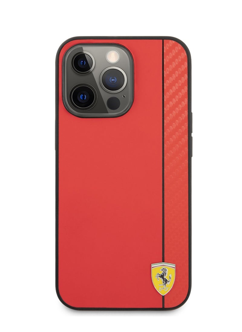 Ferrari Hard Case PU Smooth & Carbon Effect Vertical Stripe Metal Logo Compatible for iPhone 13 Pro - Red  - Image 1